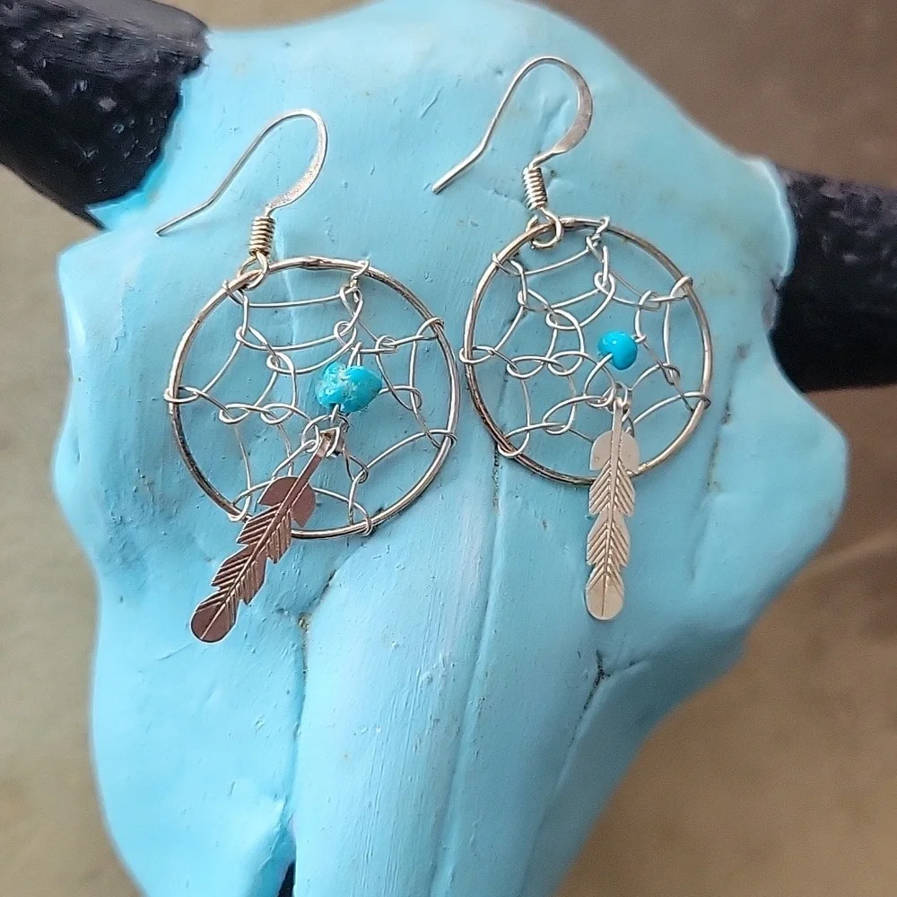 Sterling Silver & Turquoise Dreamcatcher Earrings Southwestern Boho Western